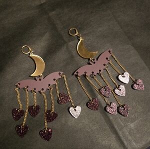 Gold and Maroon Bat Dangle Earrings